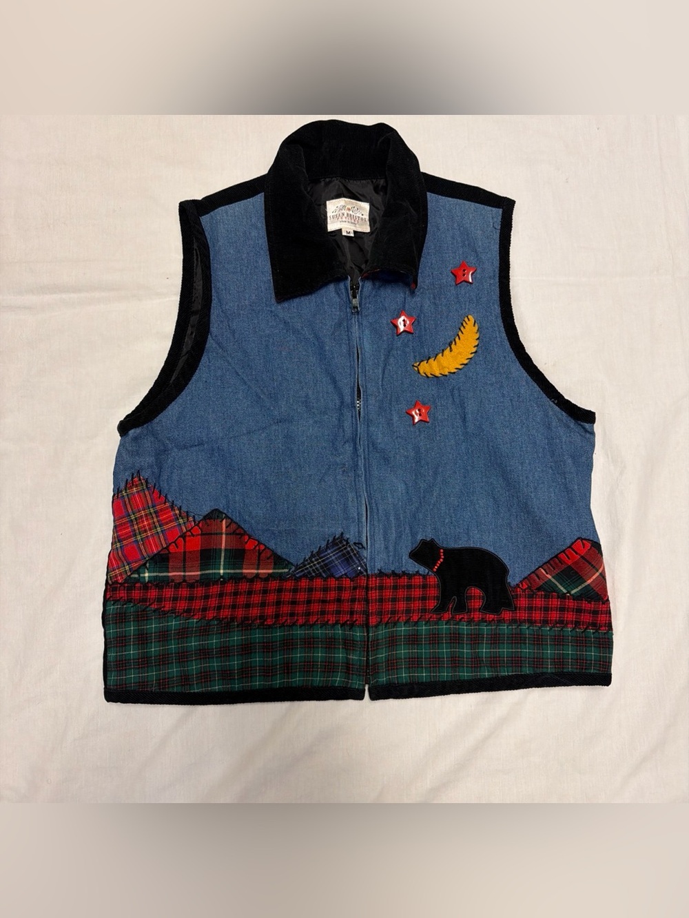 Susan Bristol Blue Denim Patchwork Vest with Red Plaid & Black Bear